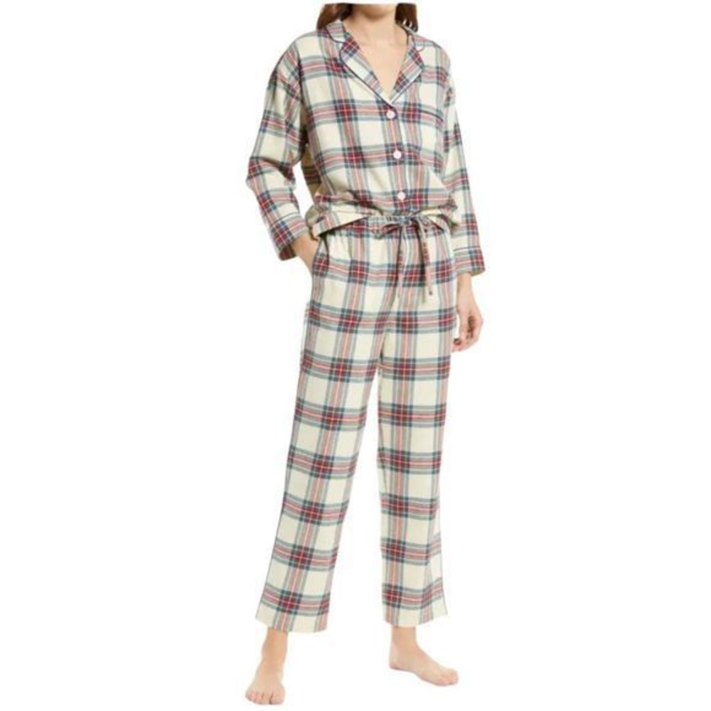 NWOT‎ SLEEPY JONES Plaid Brushed Cotton Twill Pajama Shirt in Camel (XXS)